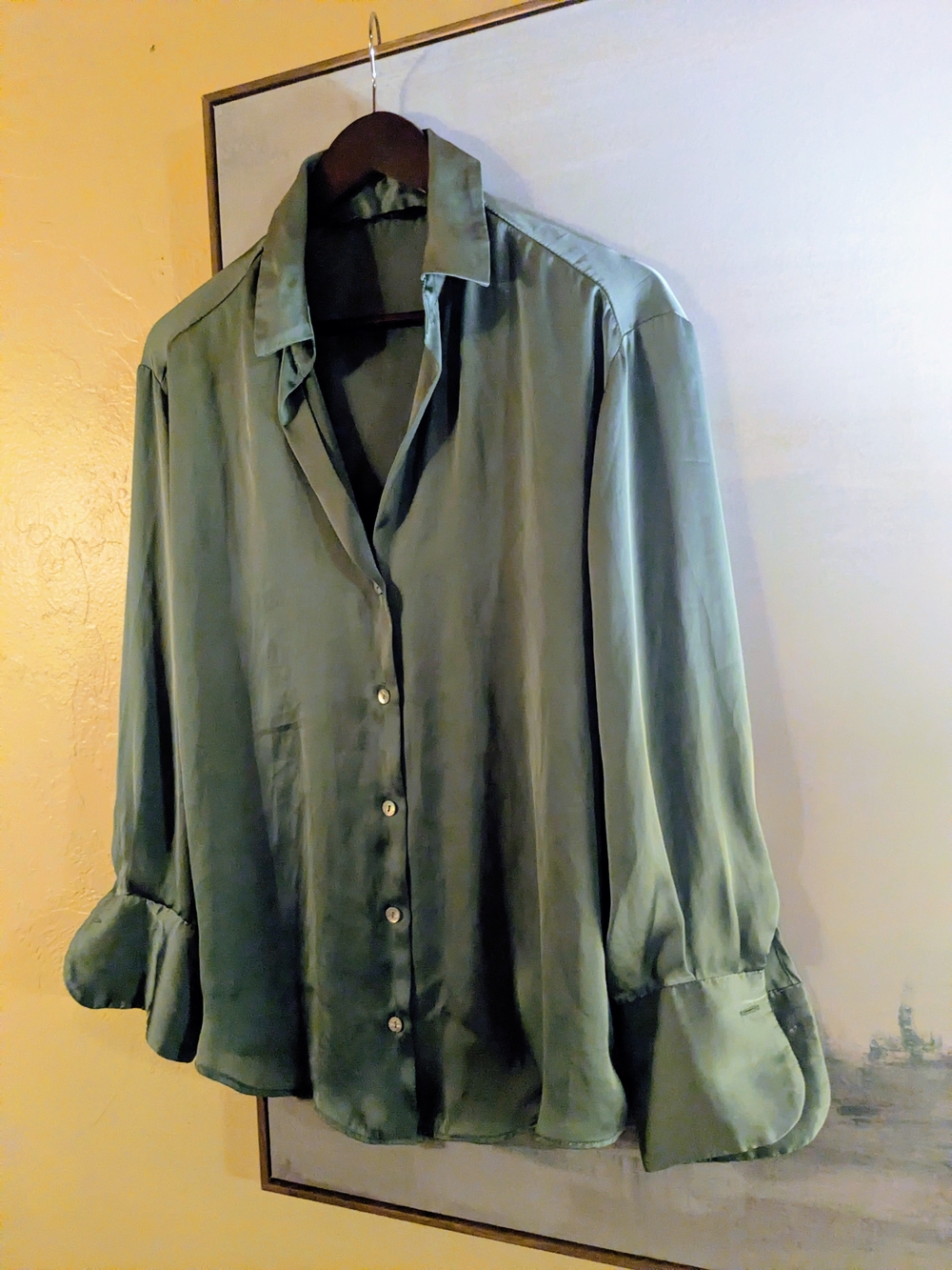 Zara Olive Green Satin Button-Down Shirt